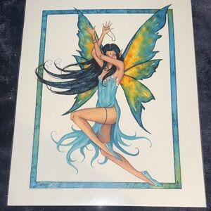 Mystical Fairy Dance Art Print with Blue and Yellow Wings